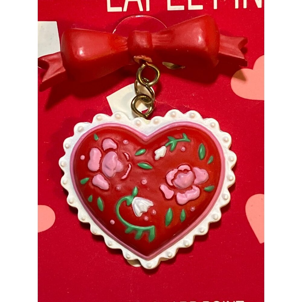 Gibson Valentine Heart Lapel Pin With Red Bow and Floral Design